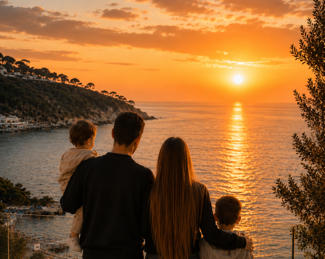 Una familia observa al atardecer en una vista al mar, con un cielo naranja y el sol en el horizonte.