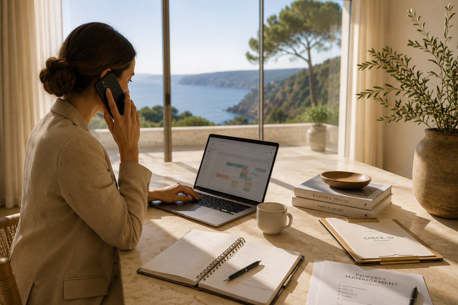 Mujer trabajando en una laptop en una mesa con libros, cuaderno y taza frente a una ventana con vista al mar y árboles.
