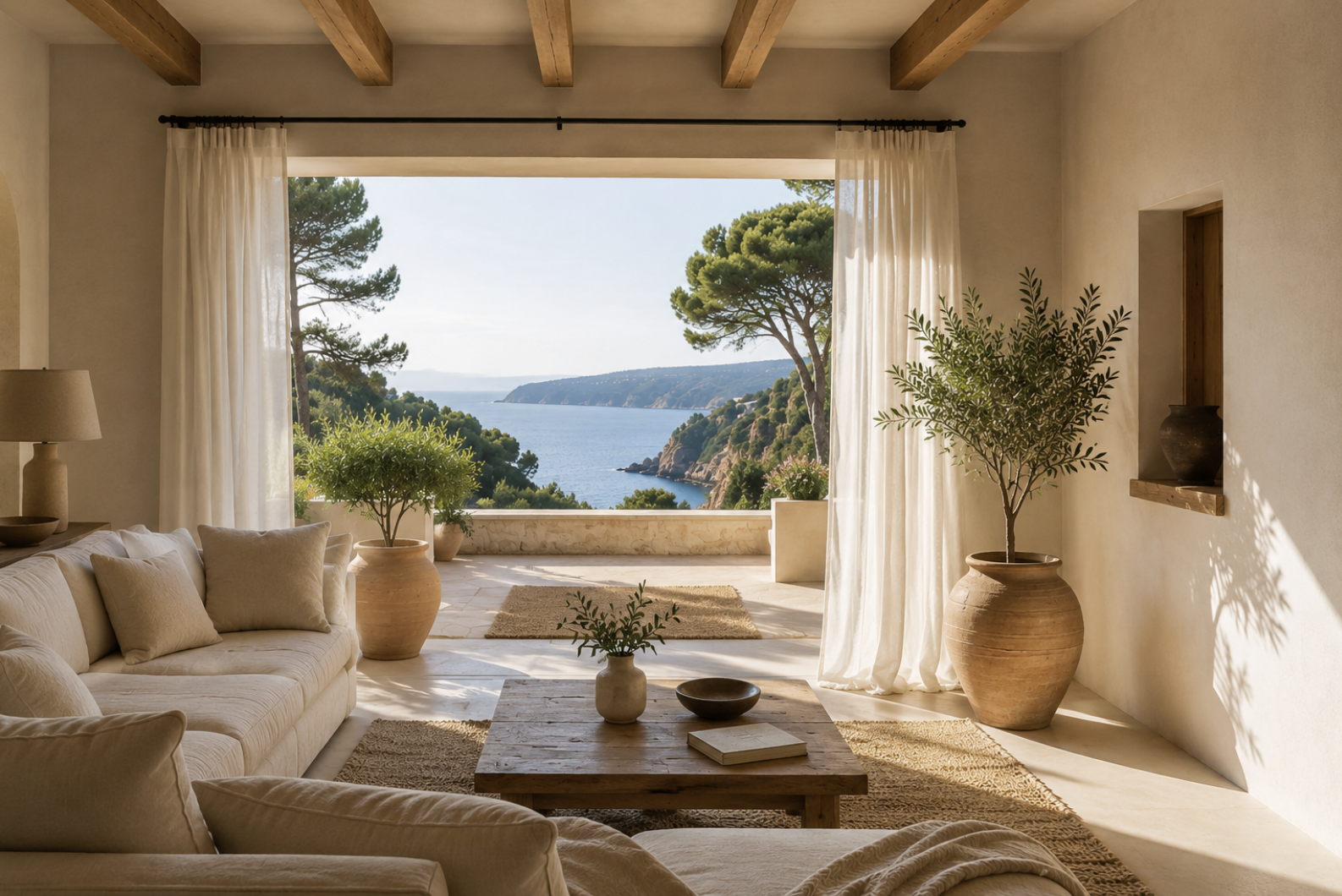 Sala con vista al mar y árboles, con cojines y plantas en macetas de barro, cortinas blancas y decoración de estilo rústico.
