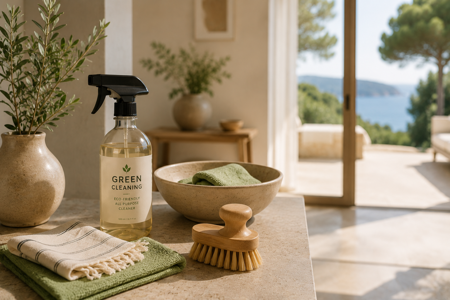 Un ambiente de limpieza ecológica con un spray de limpiador, paños de microfibra y un cepillo de cerdas en una encimera de piedra, con vista al mar y naturaleza desde una sala con puertas corredizas abiertas.