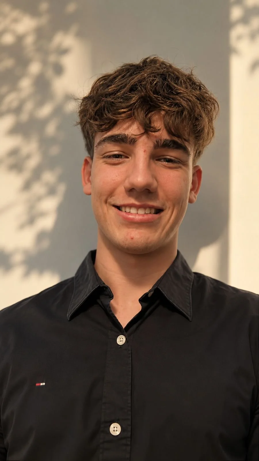 Joven sonriendo con cabello rizado y camisa negra