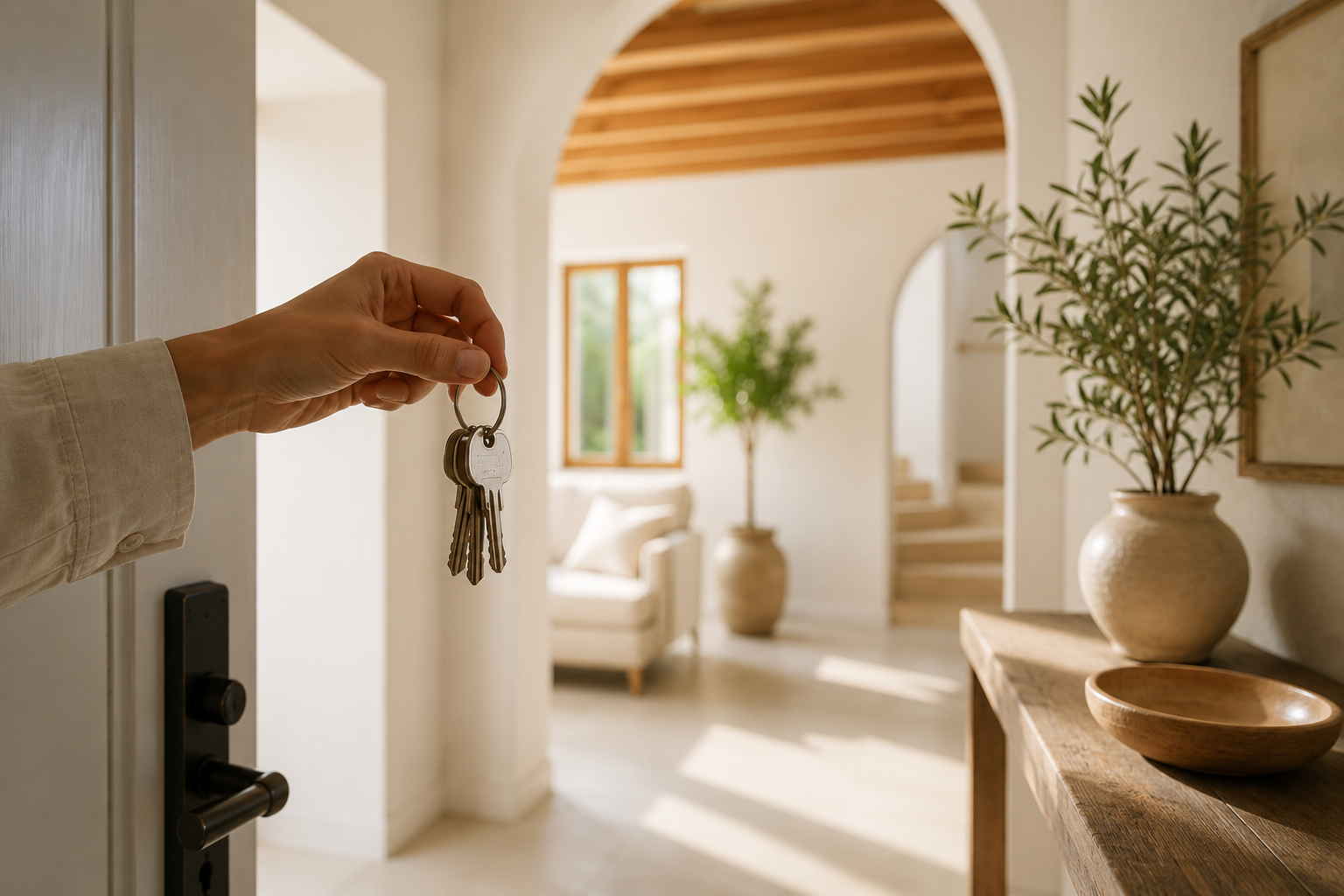Mano sosteniendo llaves en la entrada de una casa luminosa y moderna con plantas y muebles de madera.