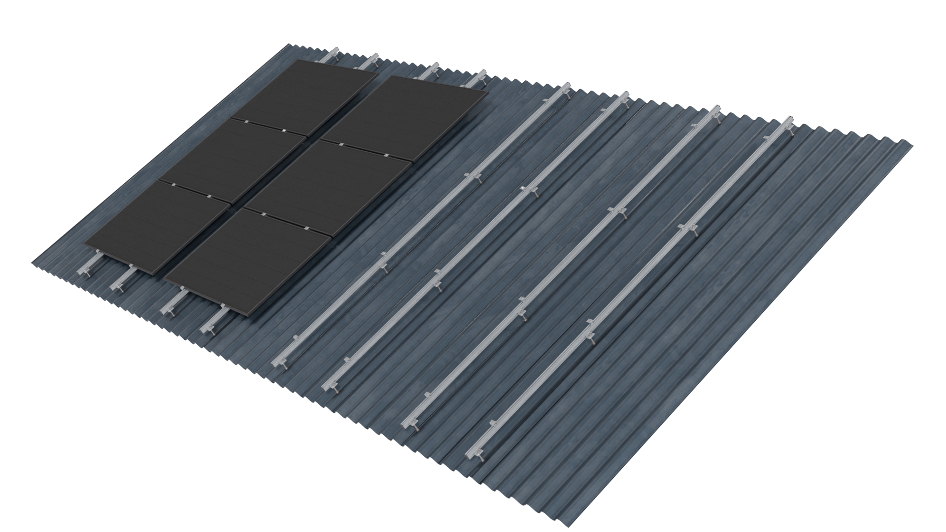 Solaranlagen auf einem Metalldach, installiert mit Montageschienen, ohne sichtbare Solarpaneele auf der linken Seite.