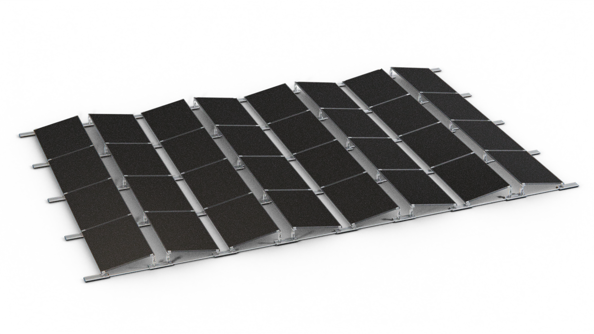 Photovoltaische Solaranlage mit mehreren schwarzen Solarzellen auf einem Metallrahmen.