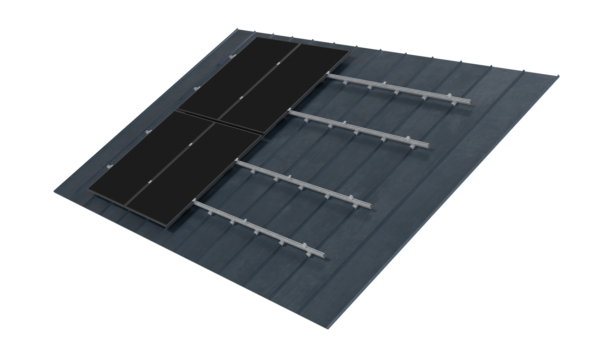 Solaranlage auf einem Metalldach, bestehend aus Solarpanelen, Montageschienen und einem Untergrunddach.