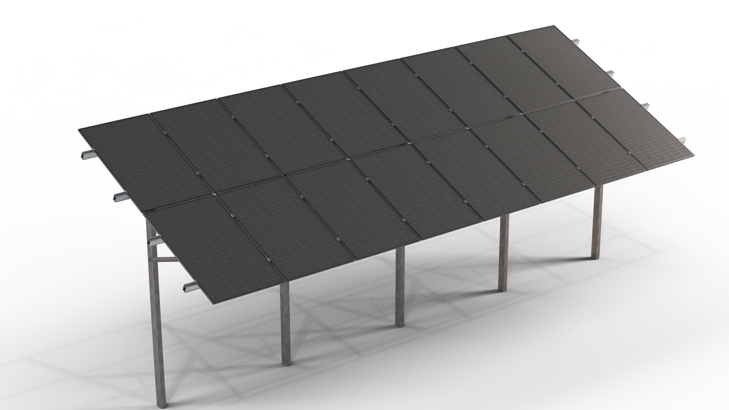 Photovoltaik-Installationsmodell auf einem Metallgestell mit dunklen Solarmodulen.