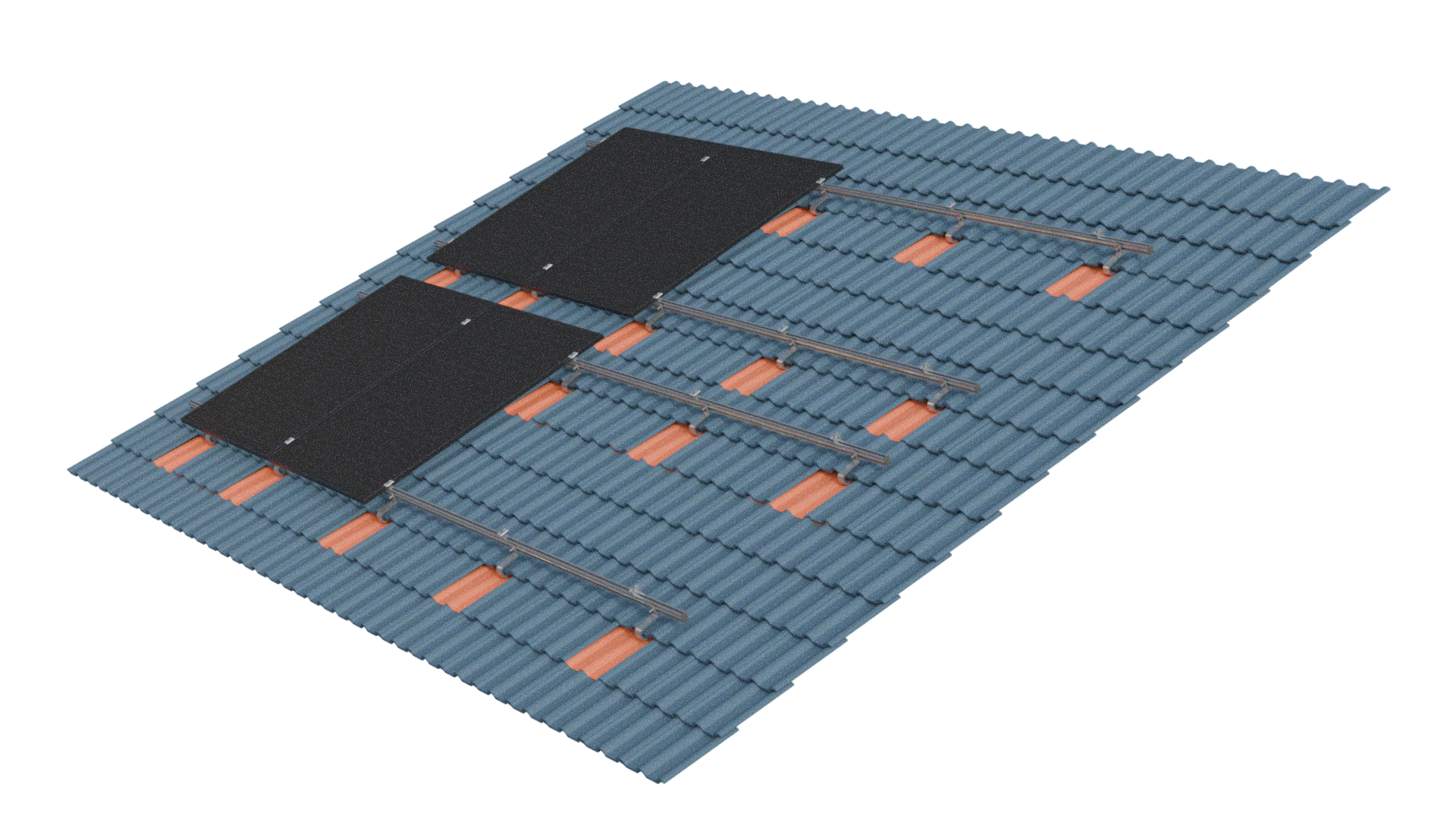 Dach mit Solarmodulen und Solarthermie-Röhren, die auf Ziegeln installiert sind.