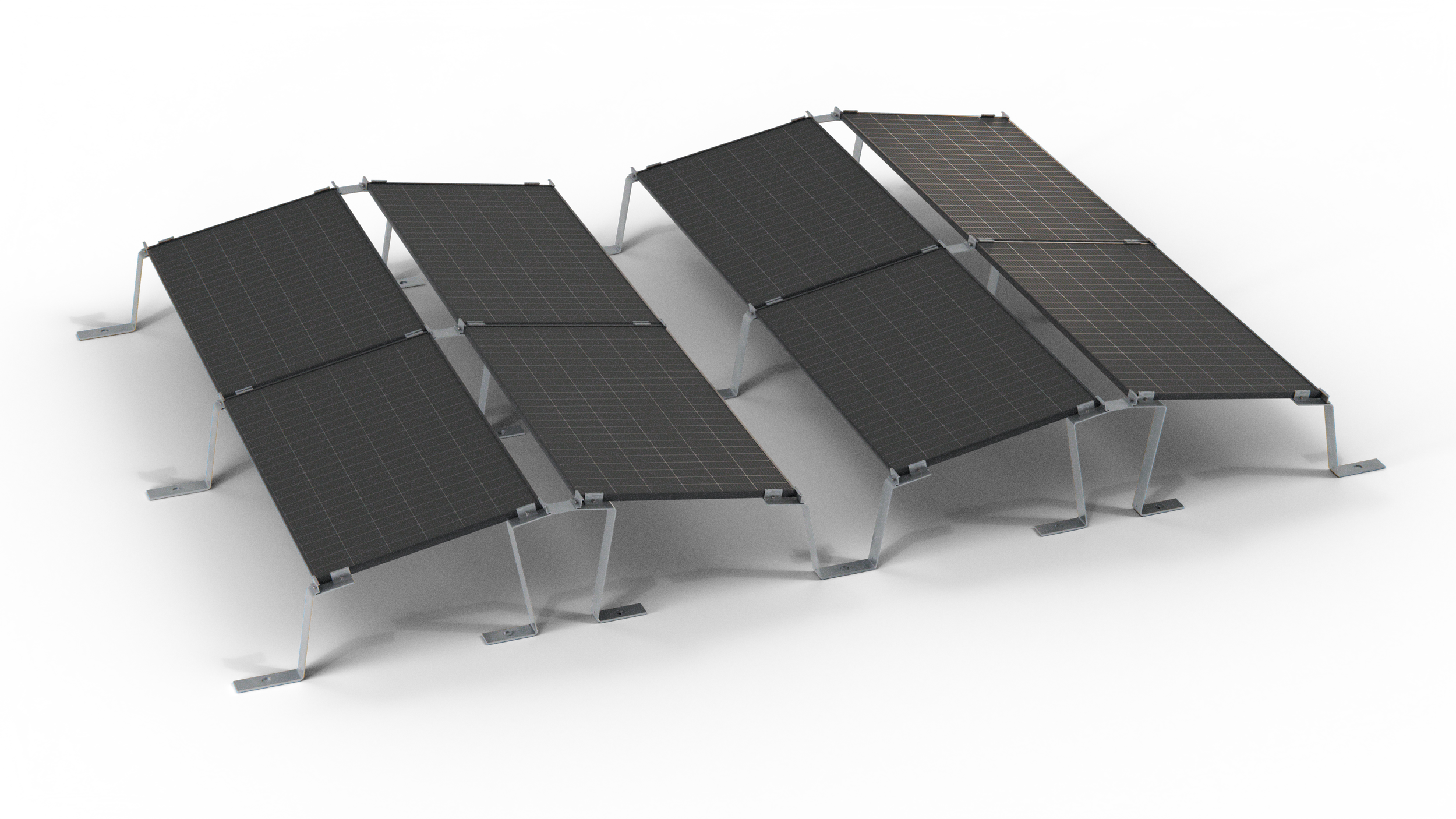 Mehrere Solarzellen auf einer stabilen Metallhalterung, isoliert auf schwarzem Hintergrund.