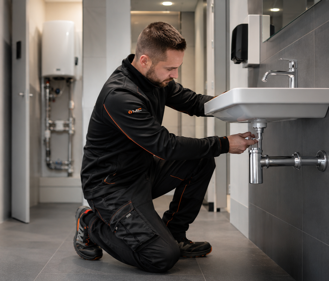 Un homme en uniforme de réparation effectue une maintenance sous un lavabo dans une salle de bain.