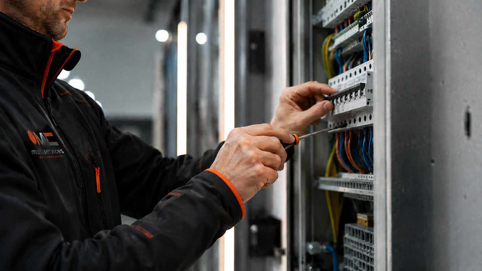 Un technicien effectue des travaux sur un tableau électrique avec des fils colorés.