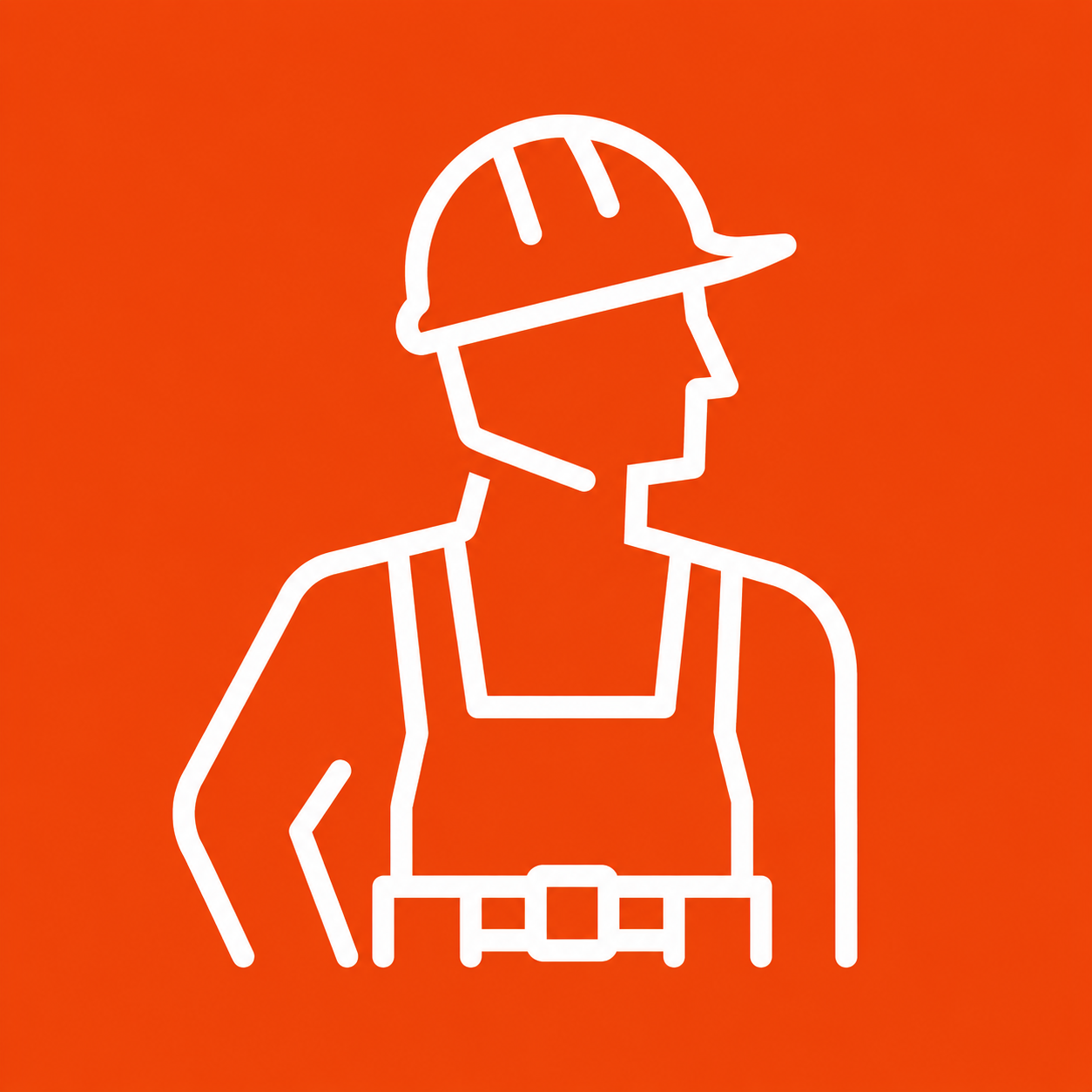 Icône blanche d'une silhouette d'ouvrier portant un casque de sécurité, sur un fond orange dégradé.