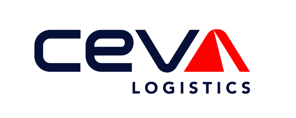 Logo de CEVÀ Logistics avec le nom en bleu foncé et un symbole rouge en forme de triangle et d'arc.