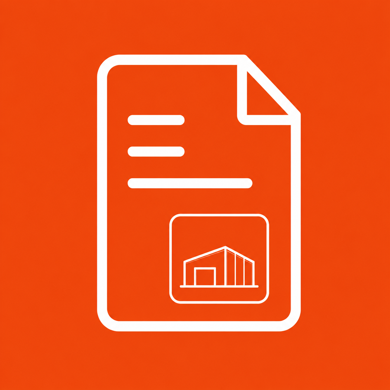 Icône blanche d'un document avec un dessin d'une usine ou d'un bâtiment industriel sur un fond orange avec un dégradé.