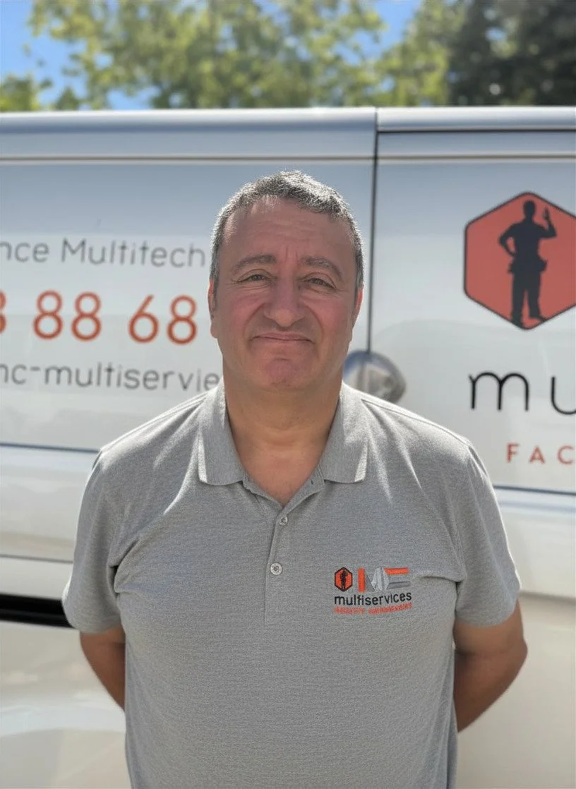 Homme souriant portant un polo gris avec le logo d'une entreprise de services multimédia, devant une voiture avec logo et texte de l'entreprise.