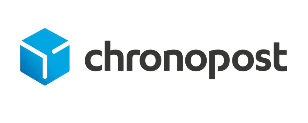 Logo de Chronopost avec un cube stylisé à gauche et le nom en lettres noires à droite.
