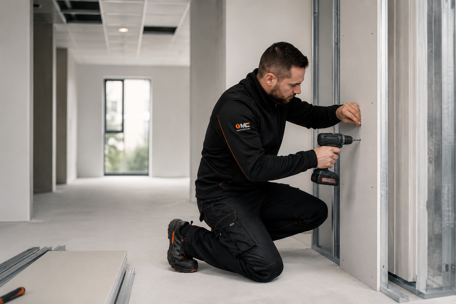 Un homme en vêtements de travail utilise une perceuse pour fixer une plaque de plâtre ou un panneau de construction sur une structure métallique à l'intérieur d'un bâtiment en cours de construction.