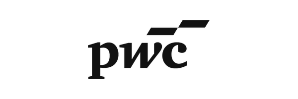 PWC logo with a stylized, partially abstract 'P' and 'W' in gray and black
