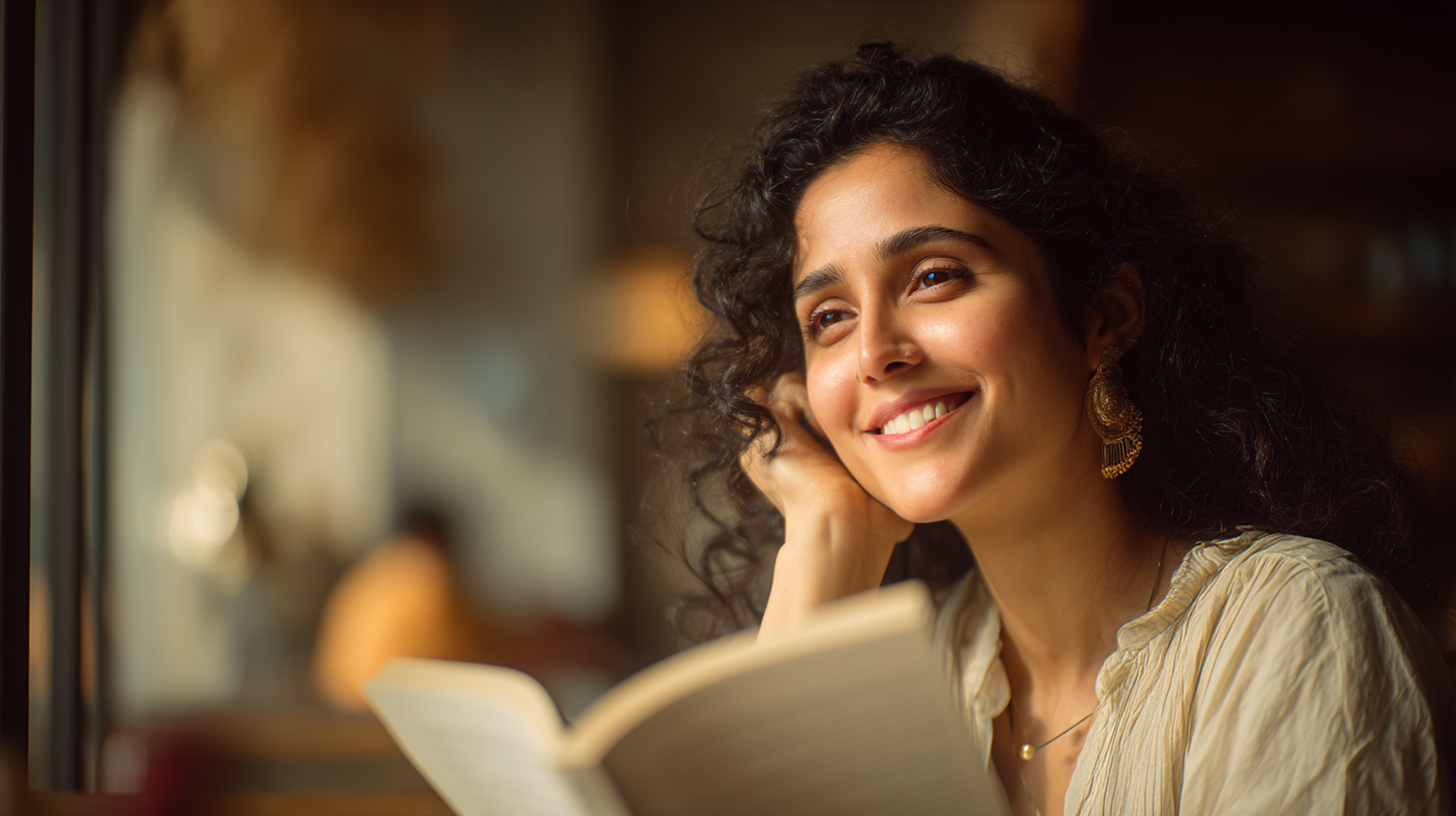 A woman with curly dark hair and earrings sitting by a window, smiling and looking out, with a book open in front of her.