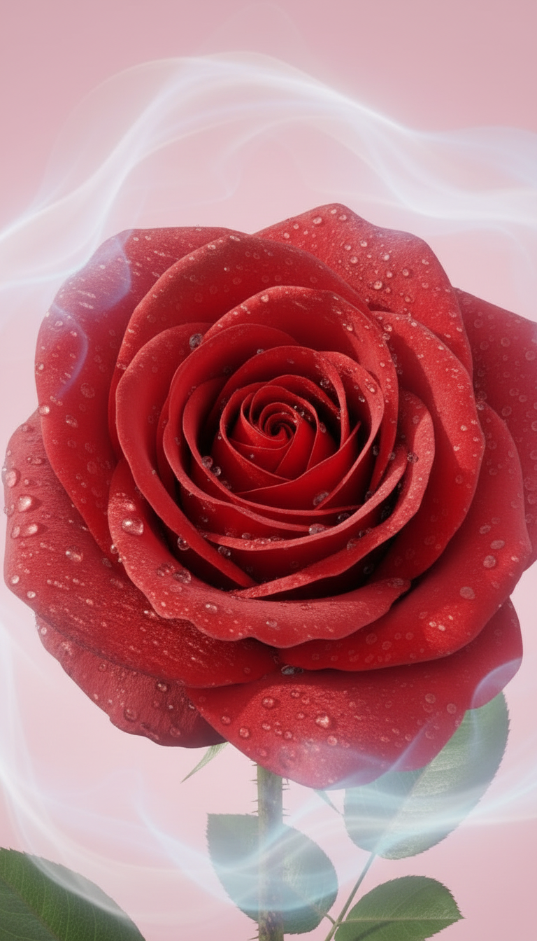 A close-up of a red rose with dew drops and a pink background with white swirling mist.