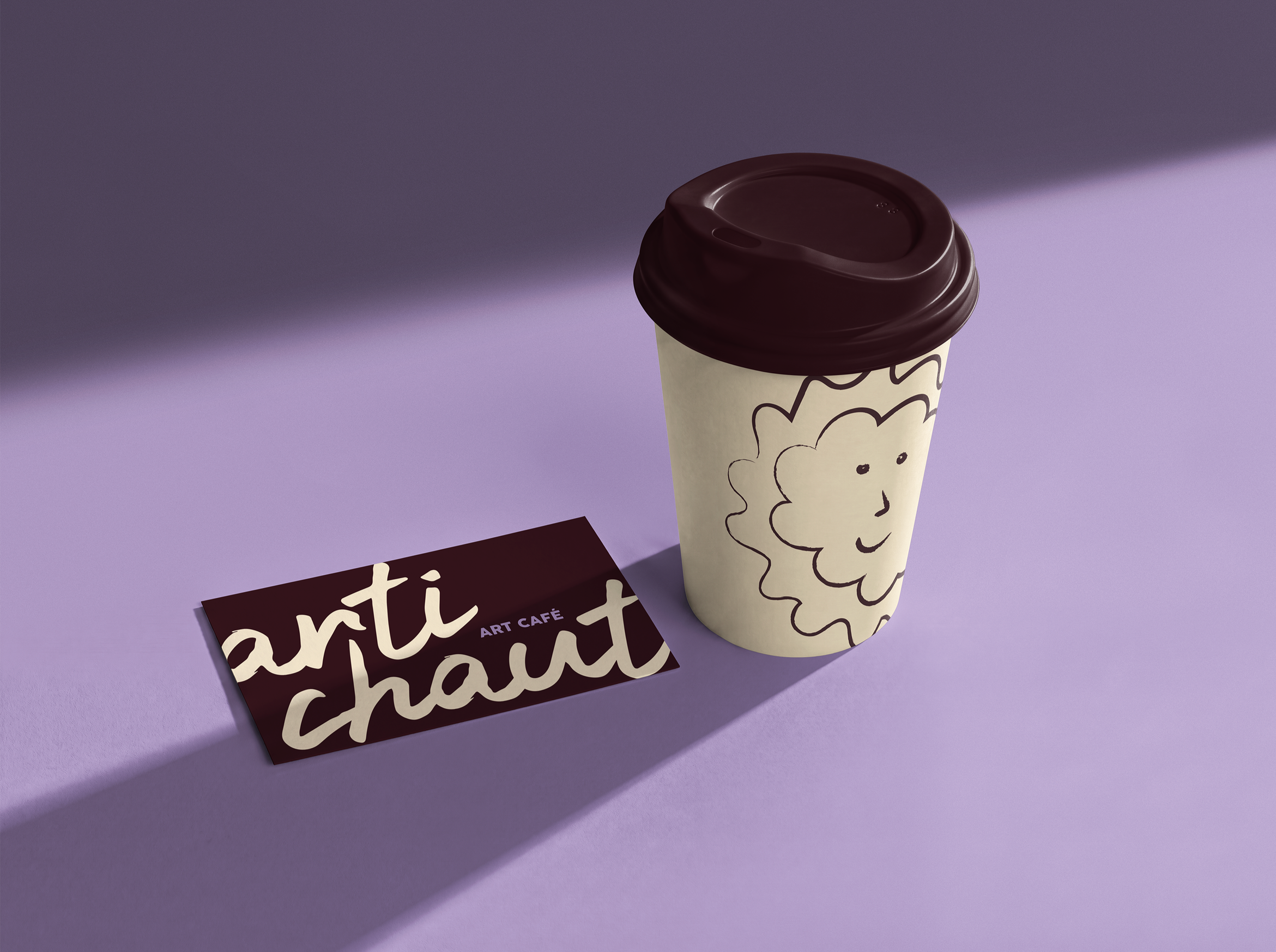 Gobelet à emporter et carte de visite issus de l’identité visuelle du café Artichaut