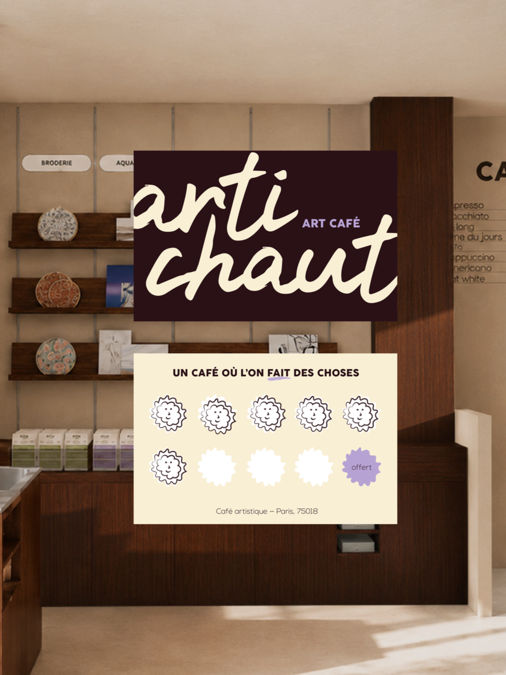 Logo et carte de fidélité conçus pour l’identité visuelle du café Artichaut