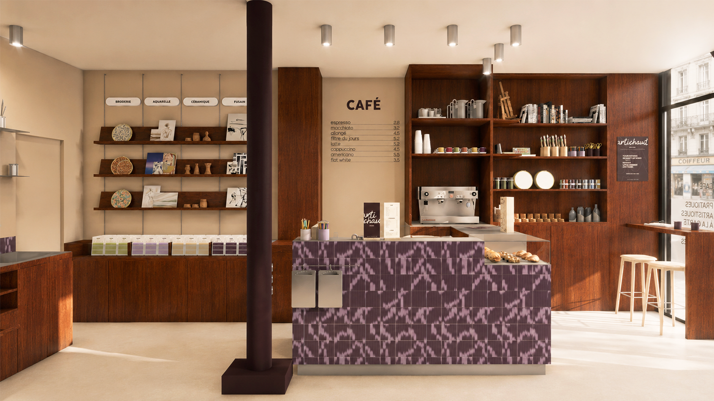 Comptoir en bois et carrelage violet du café artistique Artichaut à Paris