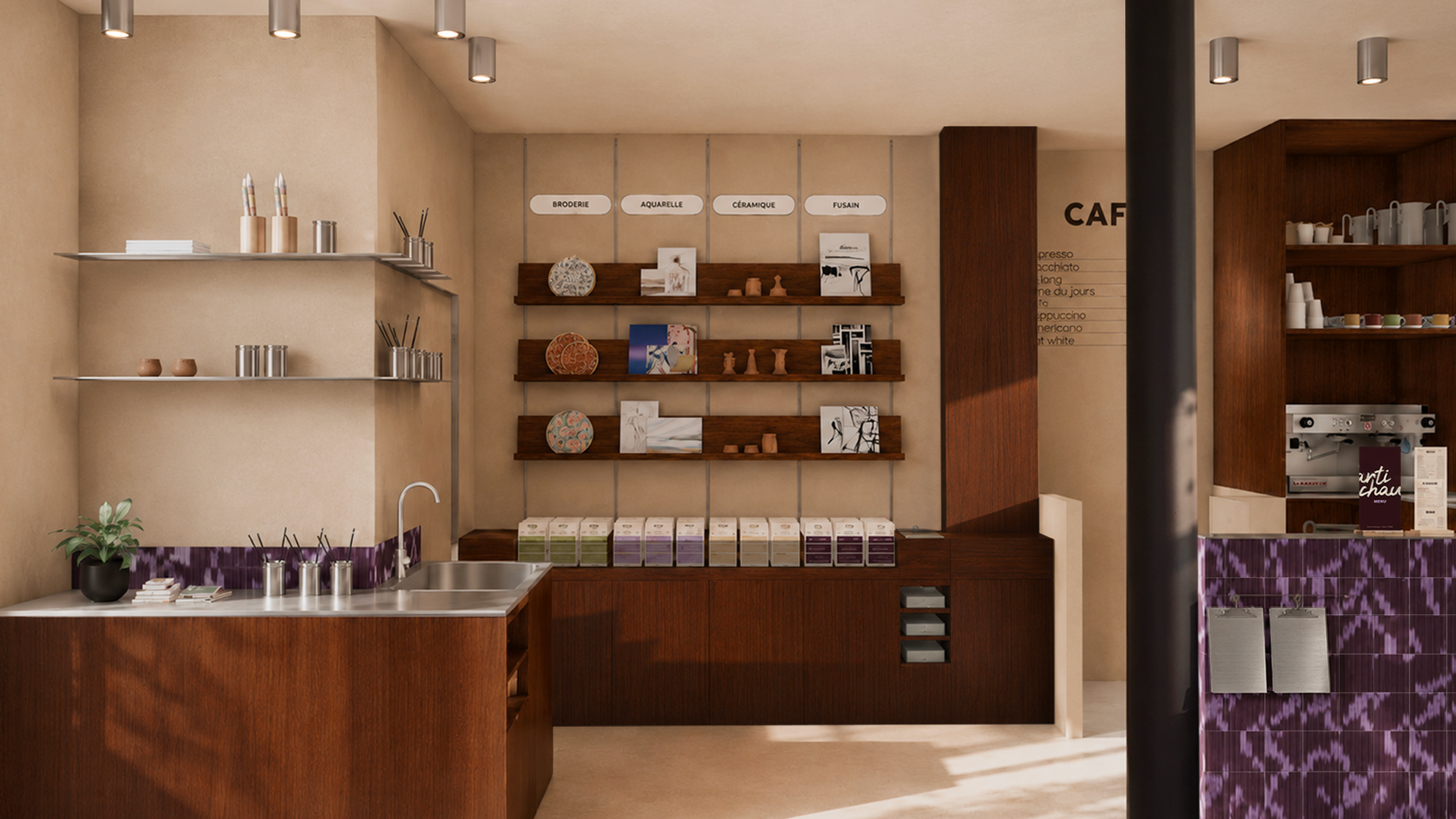 Zone de préparation et de choix d'activités artistiques avec évier en inox et rangements du café Artichaut