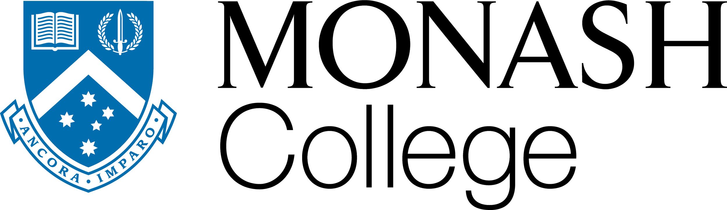 The Monash College logo, featuring a blue shield with symbols of a book, a sword, and stars, along with the Latin motto "ANCORA IMPARO", and the words "MONASH College" written in stylized font.
