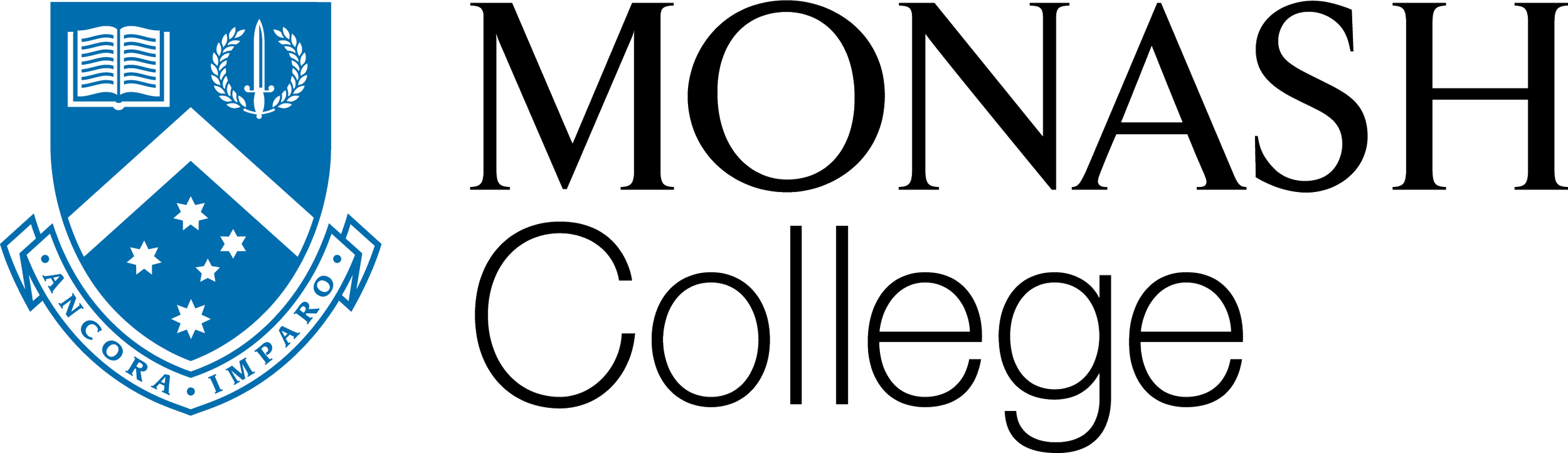 Logo of the Monash College with a shield emblem featuring a book, a laurel, a sword, and stars, alongside the text 'Monash College'.