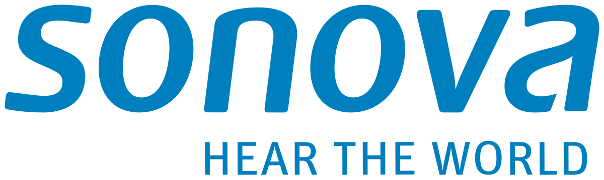 Logo with the word 'Sonova' in blue, upside down, and the tagline 'Hear the World' beneath it.