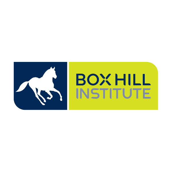 Logo for Box Hill Institute featuring a white horse silhouette and text in blue and purple on a black background.