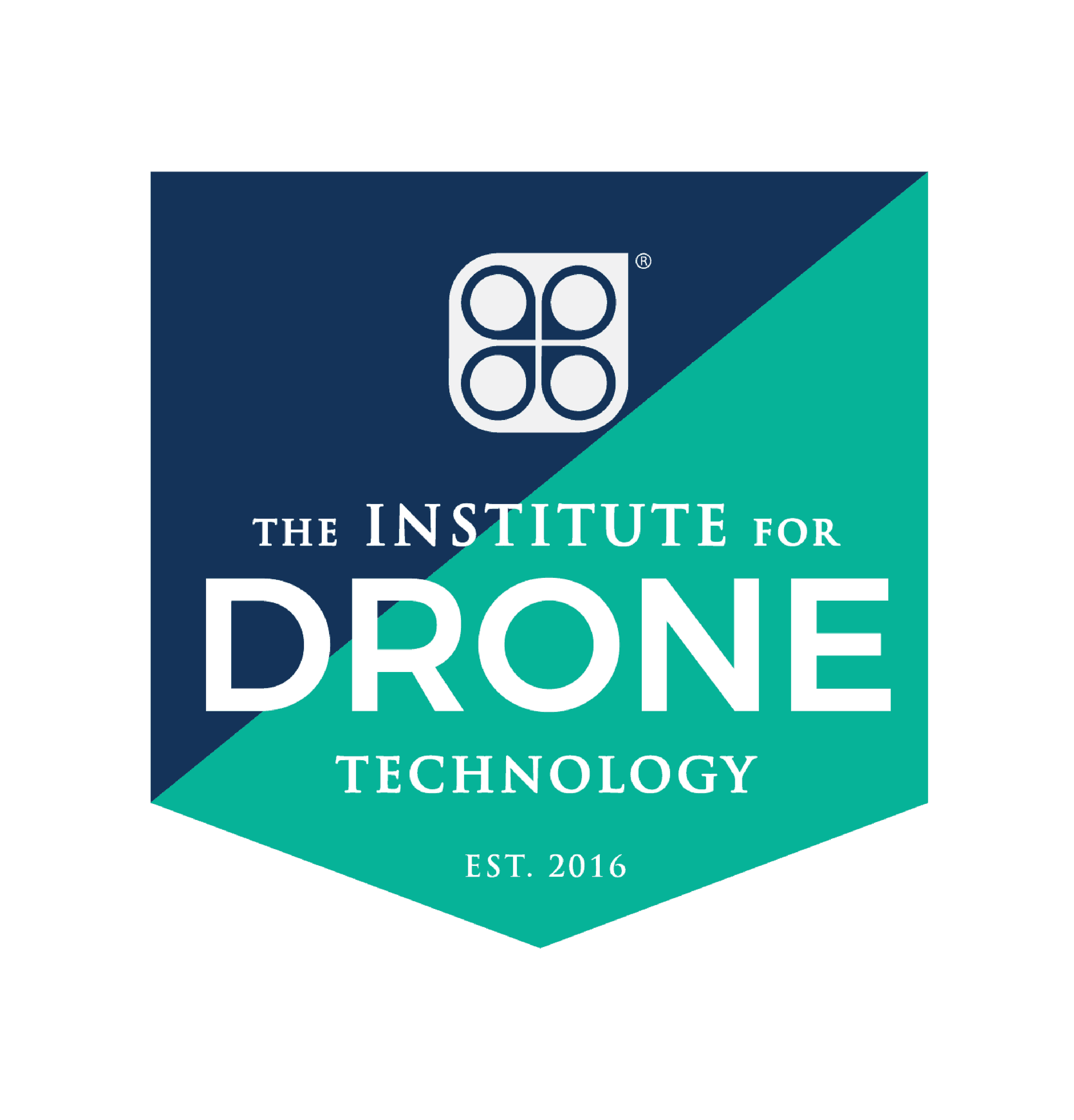Logo and text for the Institute for Drone Technology, established in 2016, with a stylized four-part emblem above the institute's name.