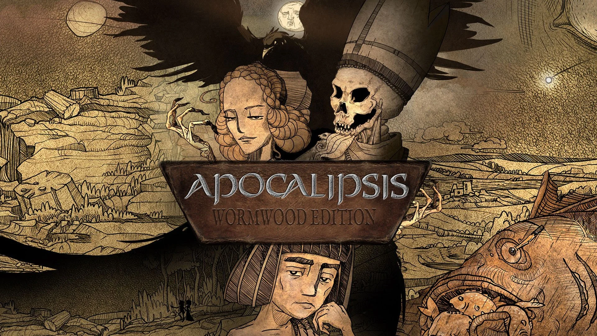Illustration for the game Apocalypse Wormwood Edition, featuring a skeleton with a cone-shaped hat, a woman with curly hair, a human with a contemplative expression, a fish, a creature with tentacles, a spider, a moon, and a landscape with cliffs and buildings.