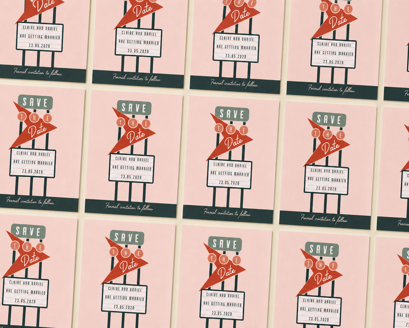 Multiple arranged wedding save-the-date cards featuring pink, red, green, and black design elements, with the text 'Save the Date,' the names Claire and Daniel, and the date 23.05.2020.