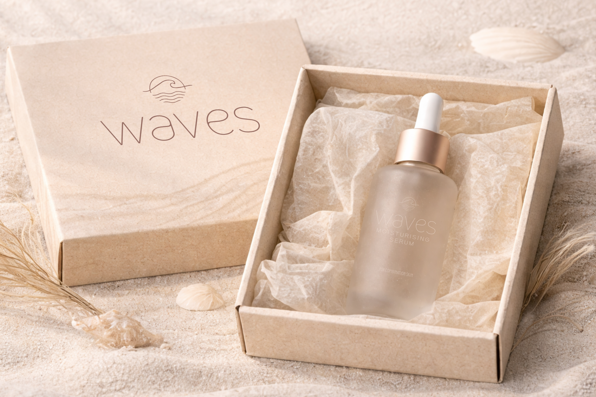 A beige square box labeled 'waves' contains a frosted bottle of moisturizing serum with a dropper, set on sand with seashells and dried grass nearby.