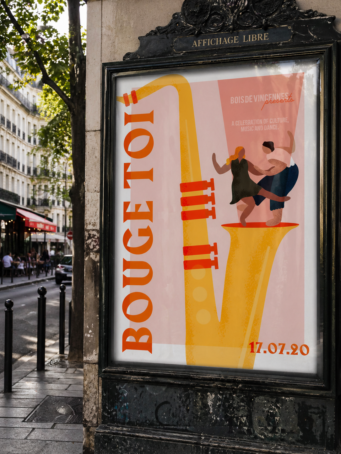 Postcard advertising an event by Bois de Vincennes featuring a celebration of culture, music, and dance, with an illustration of a dancing couple on top of a saxophone and a large letter V. The date 17.07.20 is displayed in red.