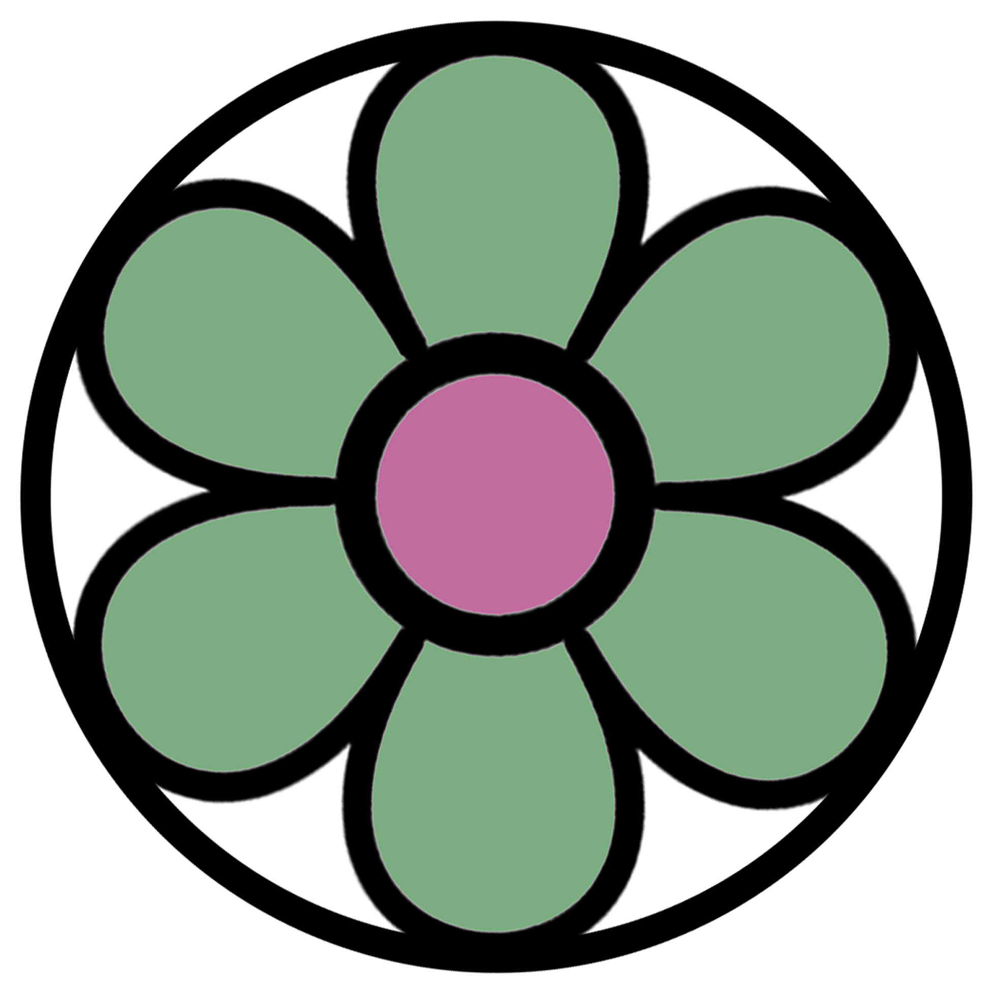 On the Hill Logo (a flower shape with a pink centre and green petals on a white background, outlined in black)