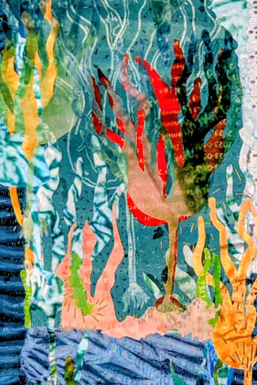 detail of heat pressed transferred data, kelp imagery with hand embroidery by Lucinda Button