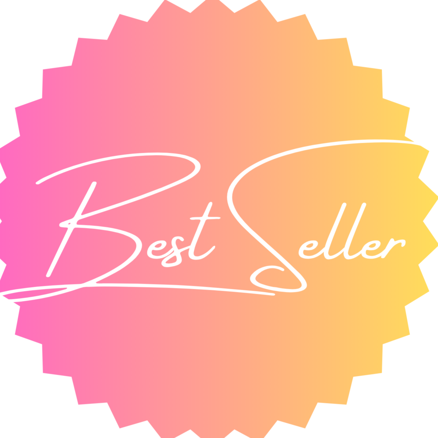 A colorful badge with a pink-to-yellow gradient background and the gold-colored text 'Best Seller' in cursive font.