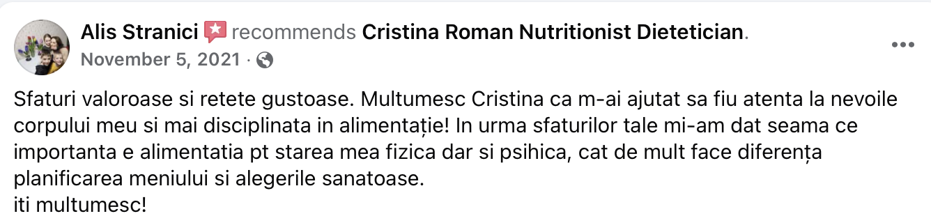 Facebook post praising Cristina Roman Nutritionist Dietitian for helping the author focus on healthy eating and discipline.
