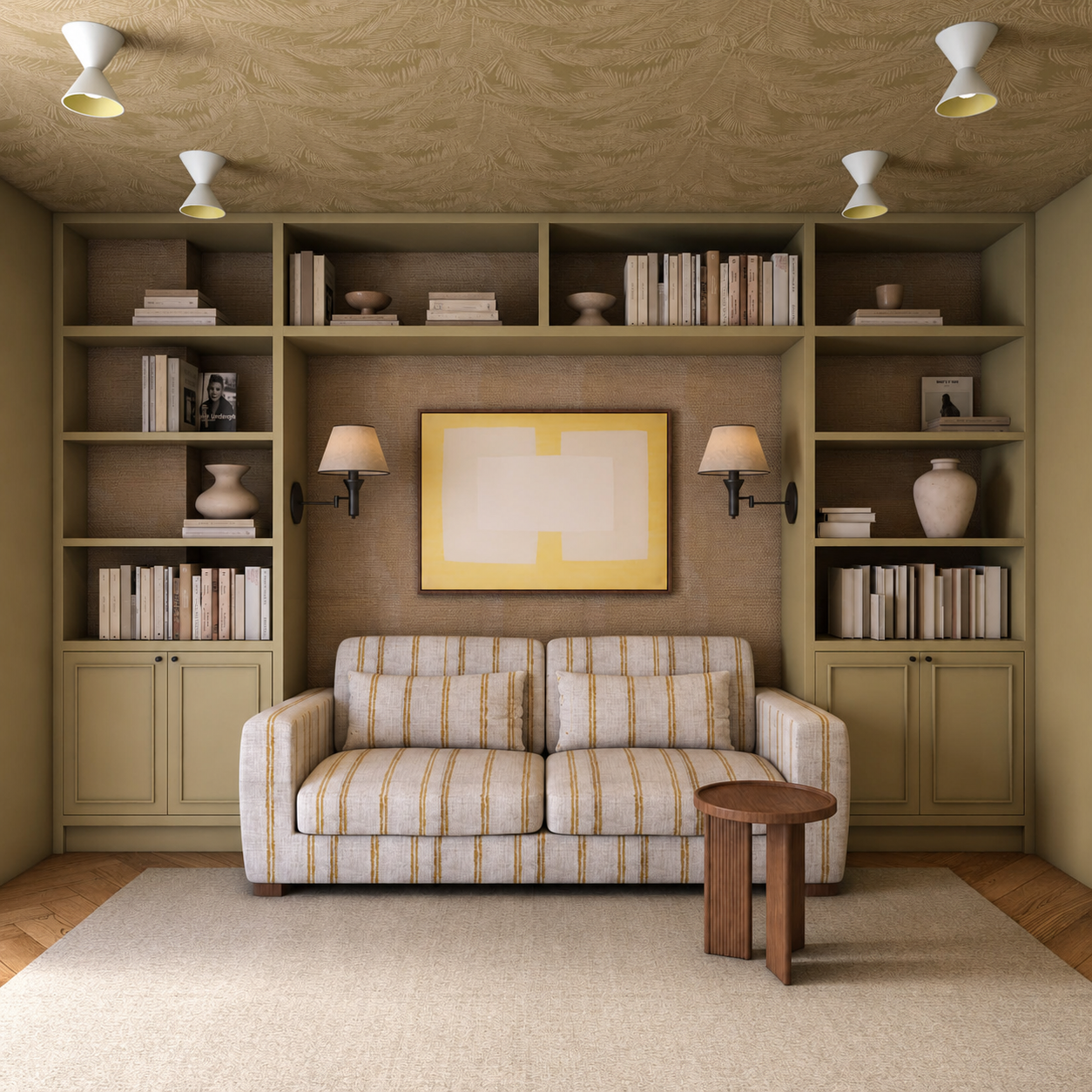 Sala de leitura com estantes embutidas, sofá de riscas e apliques de parede