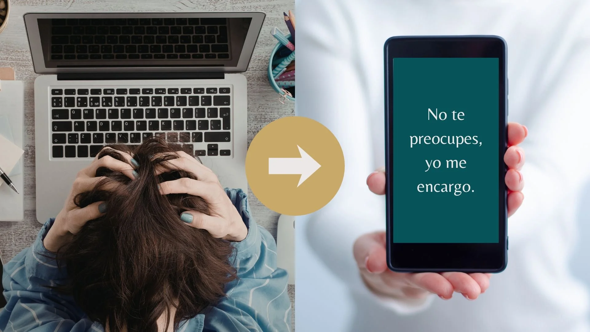Persona con las manos en la cabeza frente a una laptop, y otra persona mostrando un teléfono con un mensaje que dice: "No te preocupes, yo me encargo"