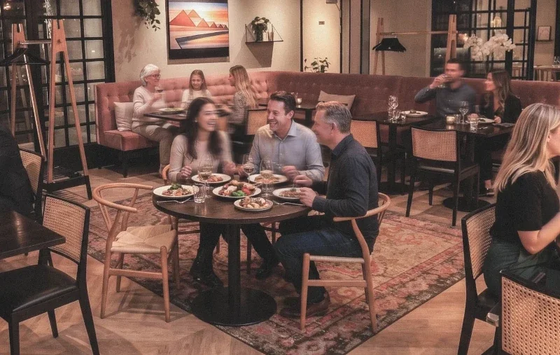 Måltidssällskap som äter och skrattar i en restaurang med modern inredning.