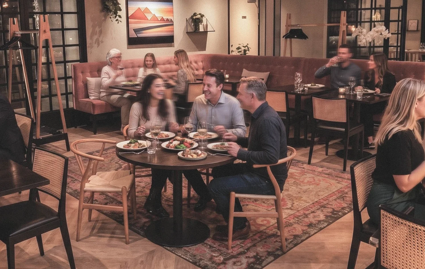 Måltidssällskap som äter och skrattar i en restaurang med modern inredning.