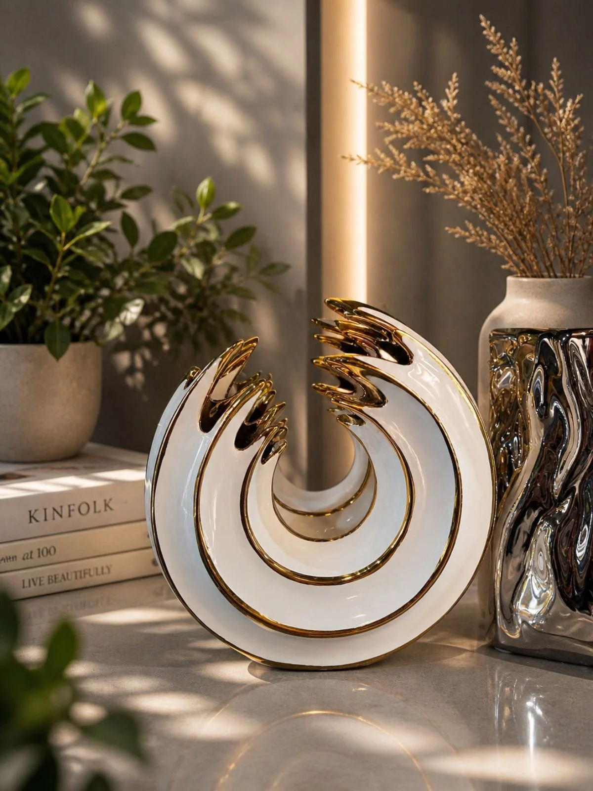 Ceramic Wave Sculpture with Gold Accents