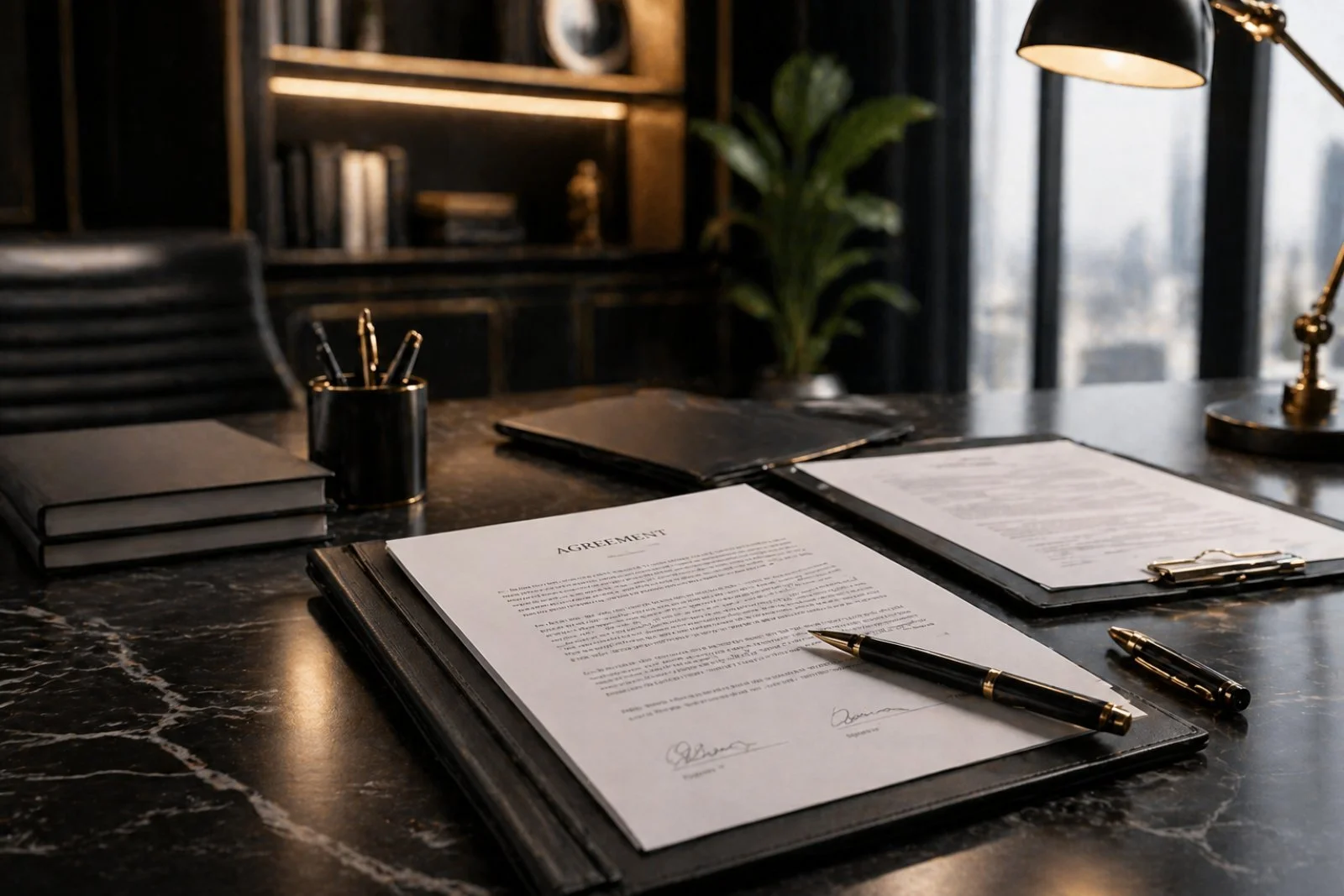 A marble desk with documents, a black pen, and a cap. A black and gold cup holding pens, next to a stack of notebooks. Background shows bookshelves, a potted plant, and large windows with city views.