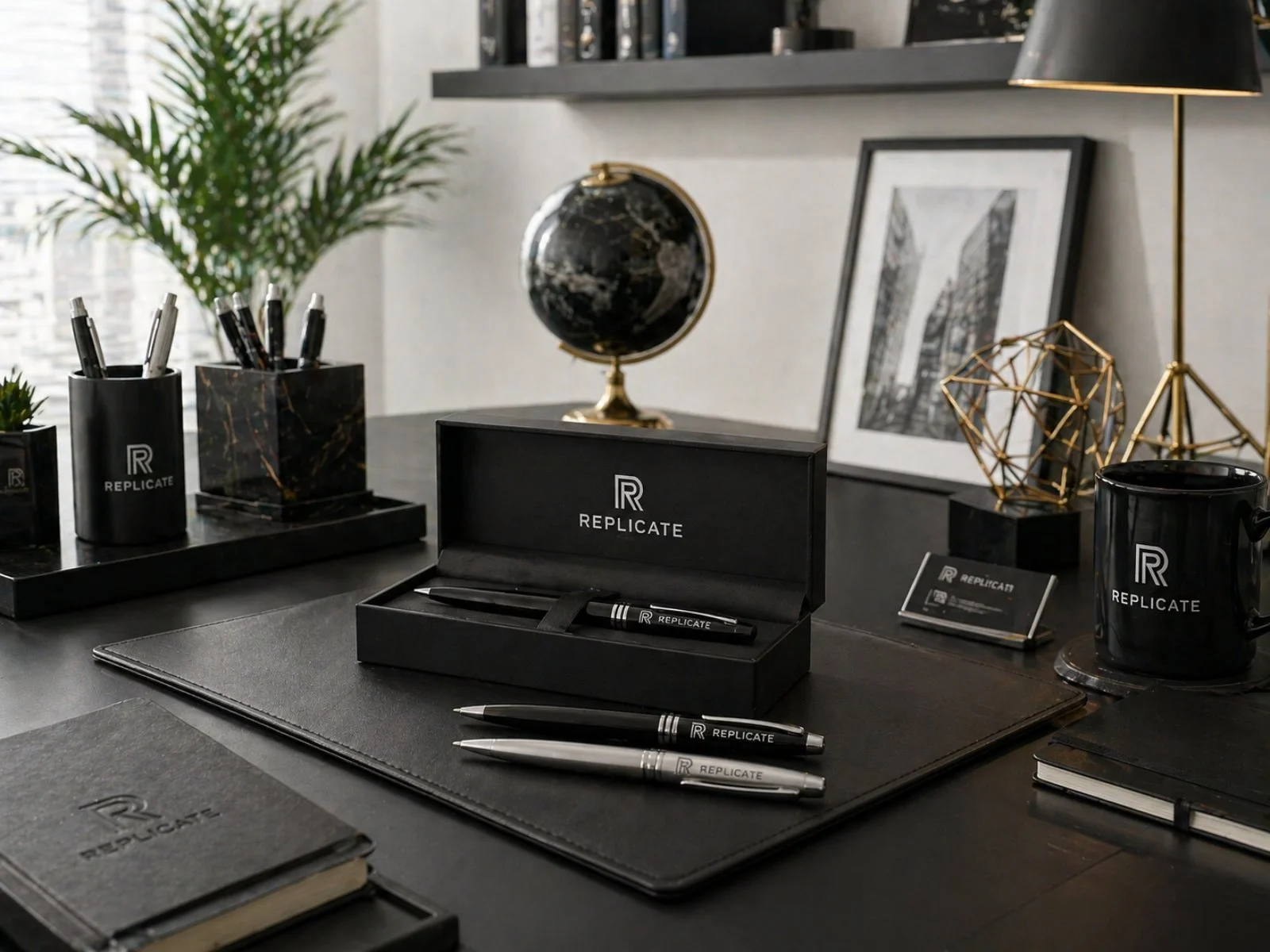 Desk setup featuring branded black and silver pens, a notebook, a black mug, decorative objects, a globe, framed artwork, and office accessories, all branded with the 'REPLICATE' logo.