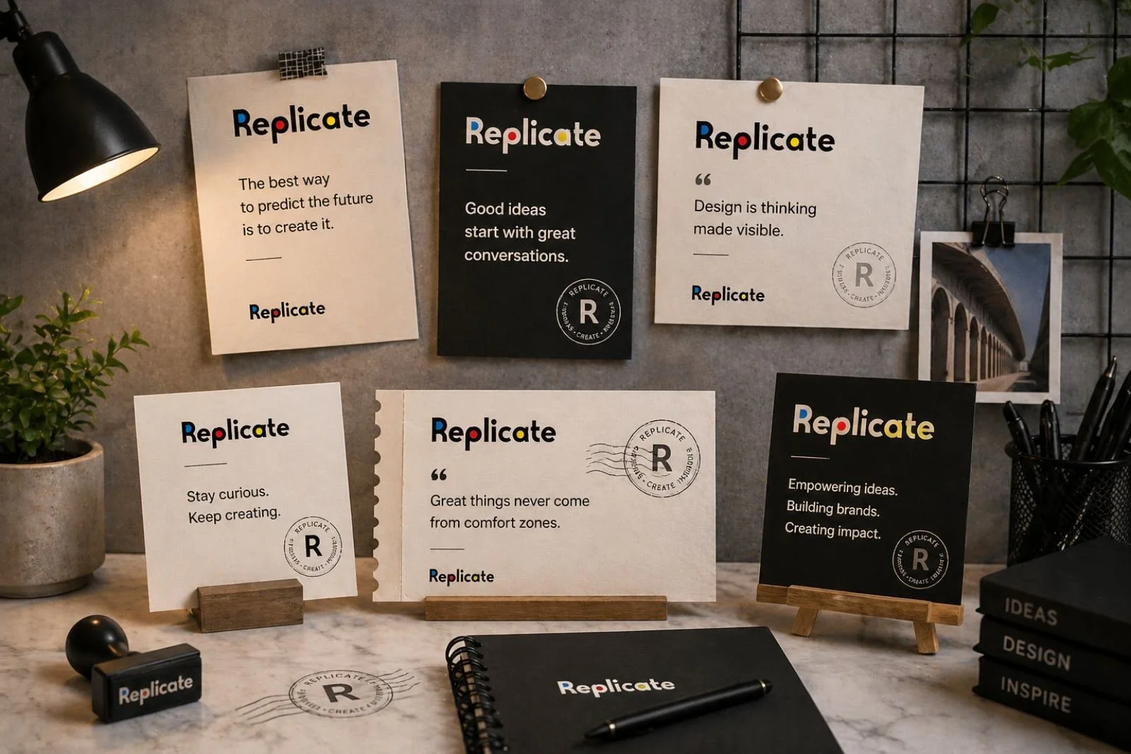 Desk with various motivational posters and notes emphasizing the word 'Replicate,' accompanied by a small potted plant, a black pen holder with pens, a notebook, and a stamp. The background features a gray board and a wire grid with additional papers and a black and white photo of an arched building.