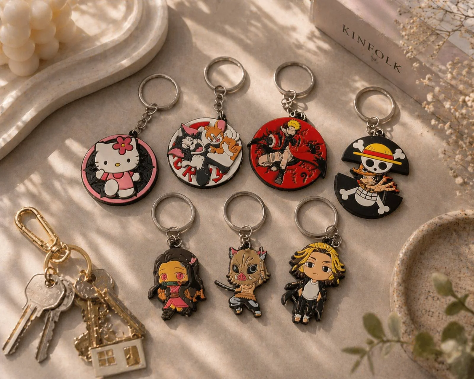 Collection of character keychains including Hello Kitty, Tom and Jerry, Naruto, and other anime and cartoon characters on a white surface.