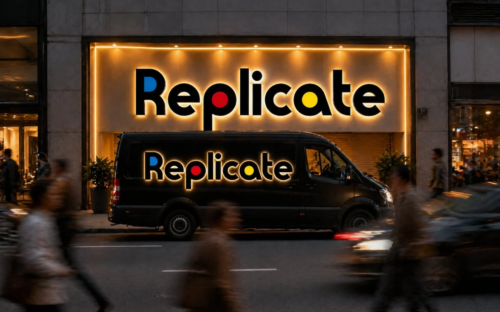 Nighttime city street scene with illuminated Reparate sign on building and a black van parked below it, blurred pedestrians walking past.